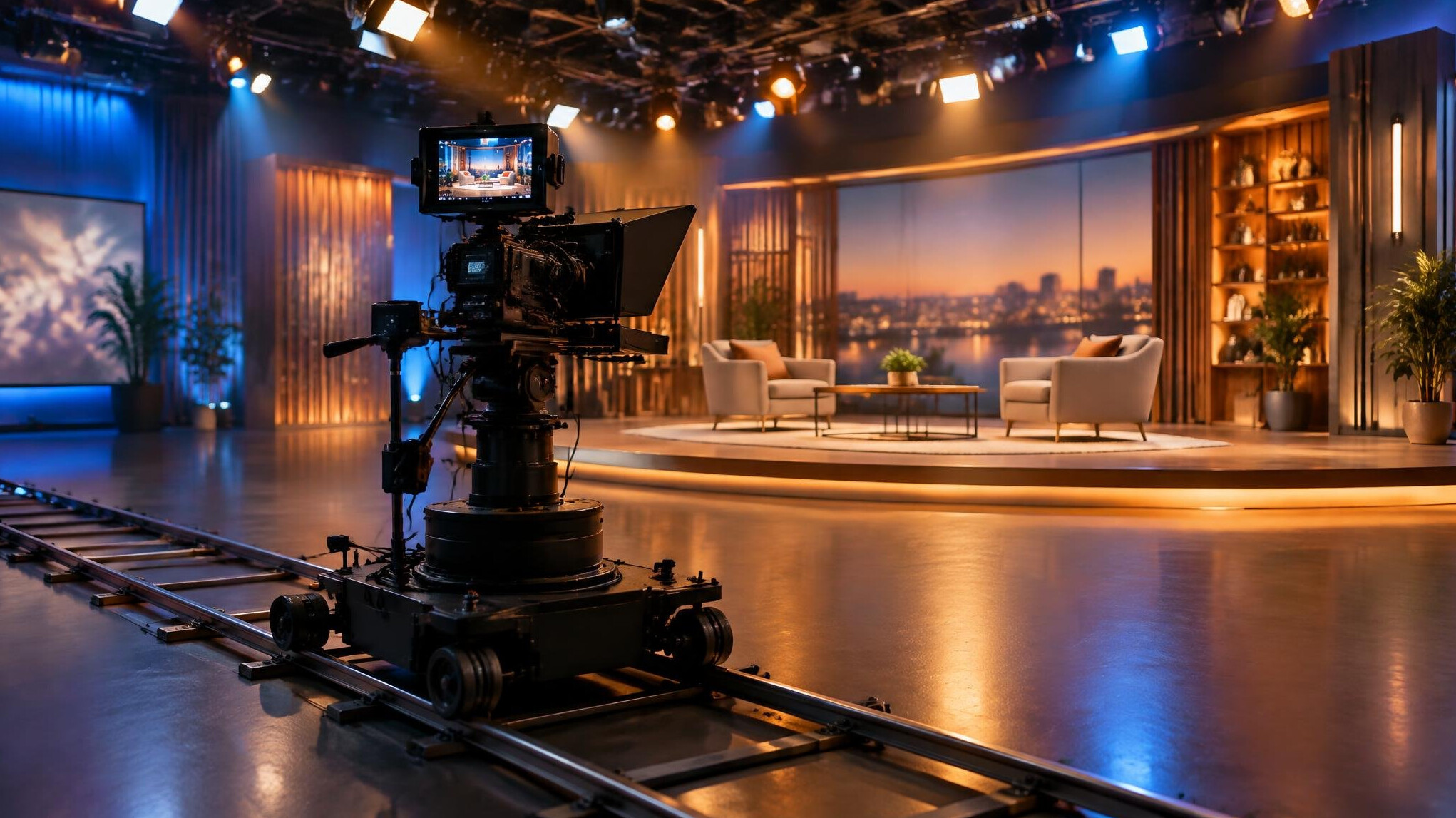 Camera operator filming on a studio stage with lighting rig