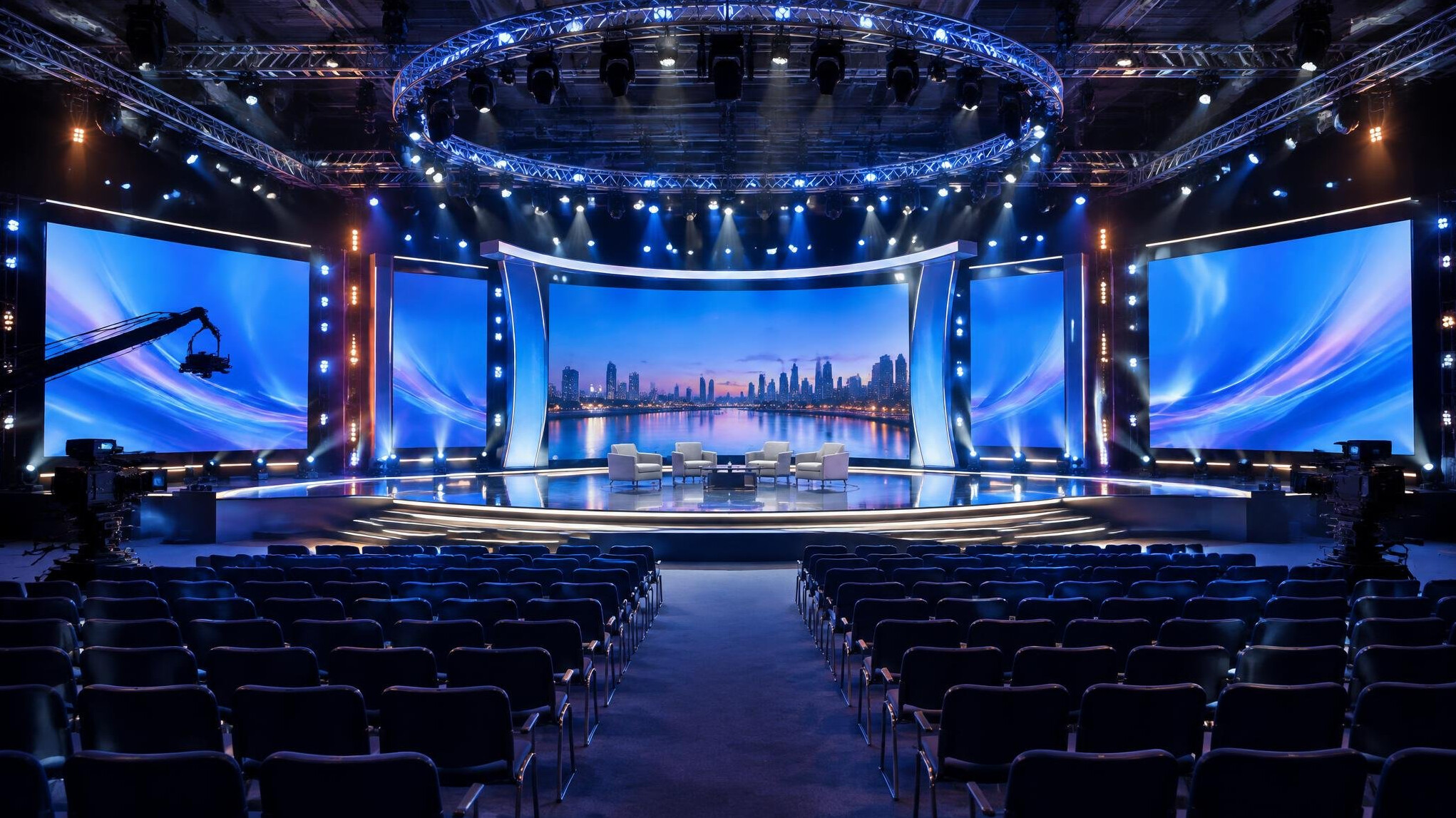 Large stage prepared for a live event with seating