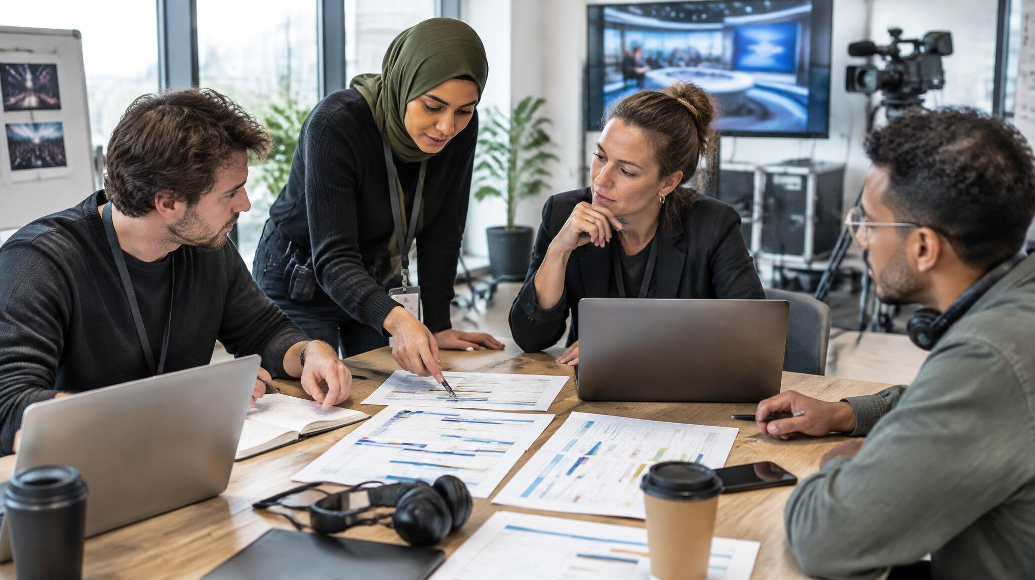 Production team planning around a table with laptops