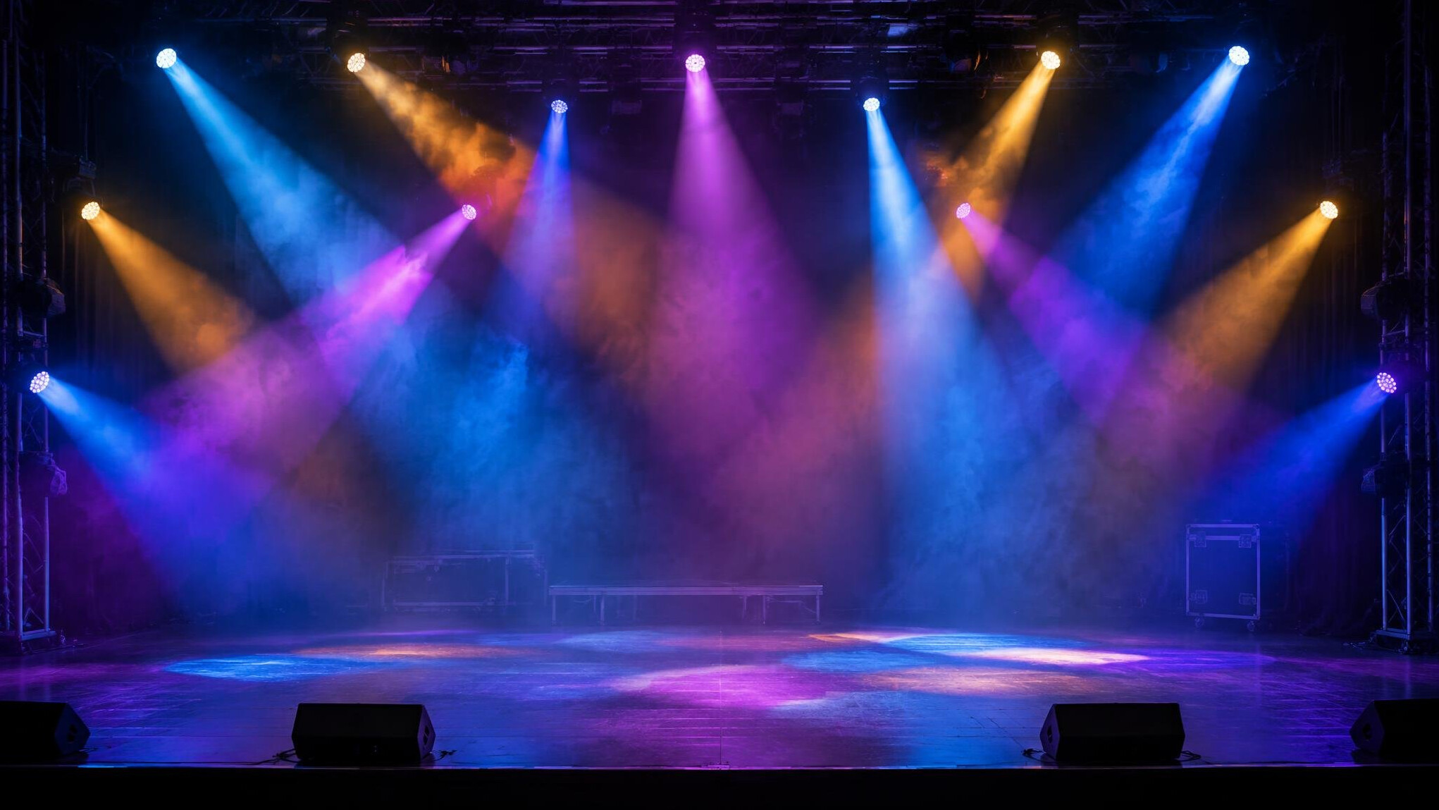 Stage lights and colored beams during a live show